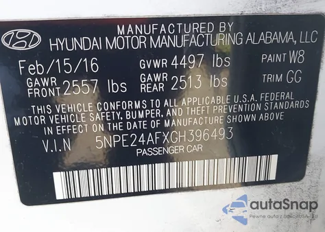 2016 Hyundai Sonata Se from USA, damaged, VIN 5NPE24AFXGH396493
